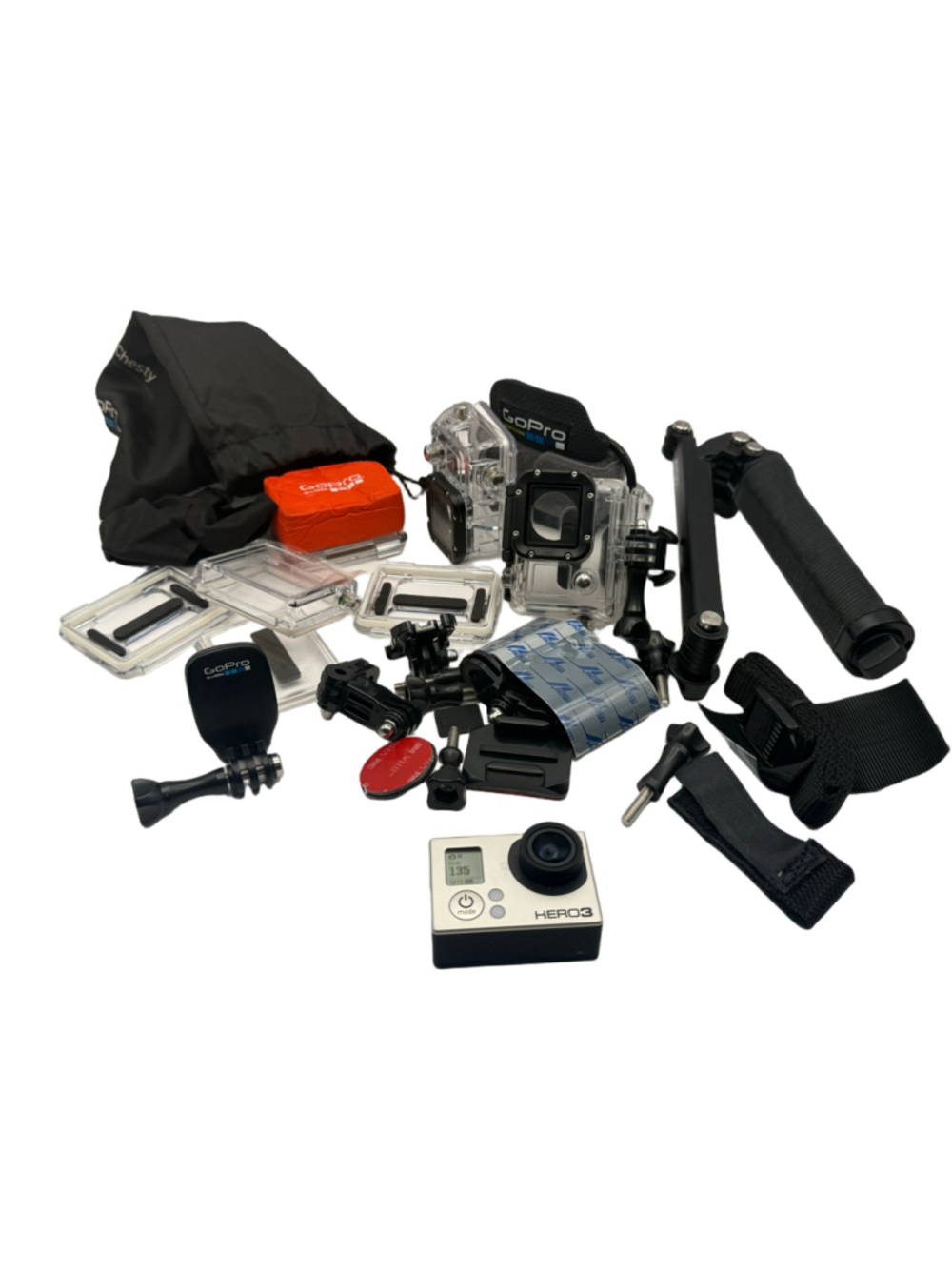 GoPro HERO3 Silver camera kit with mounts, housing, and bag